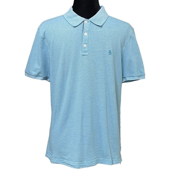 Penguin Light Blue Polo Shirt Medium Classic Fit Cotton Textured Logo Preppy Y2K - Picture 1 of 5